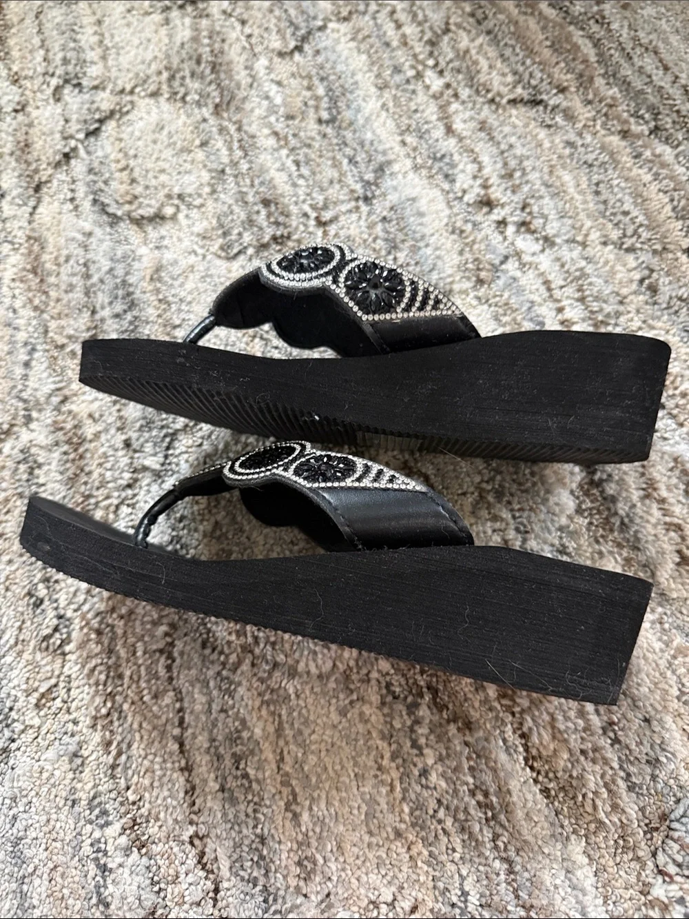 Mixit Black Beaded Wedge Thong Sandals with Silver Accents